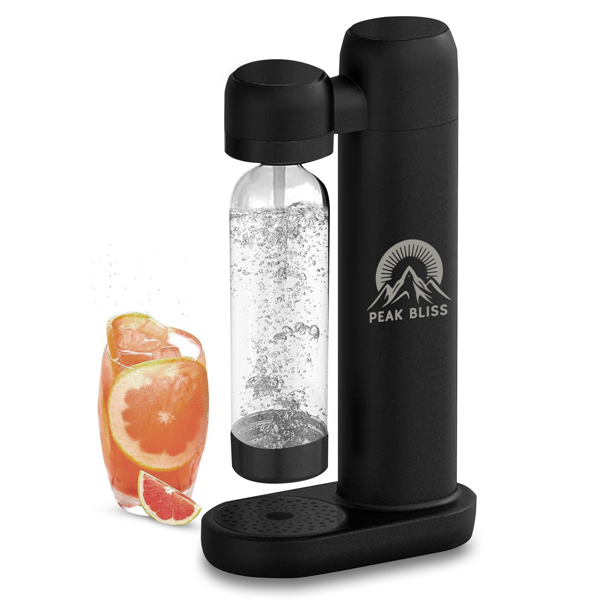 Peak Bliss matte black soda maker with sparkling water bottle